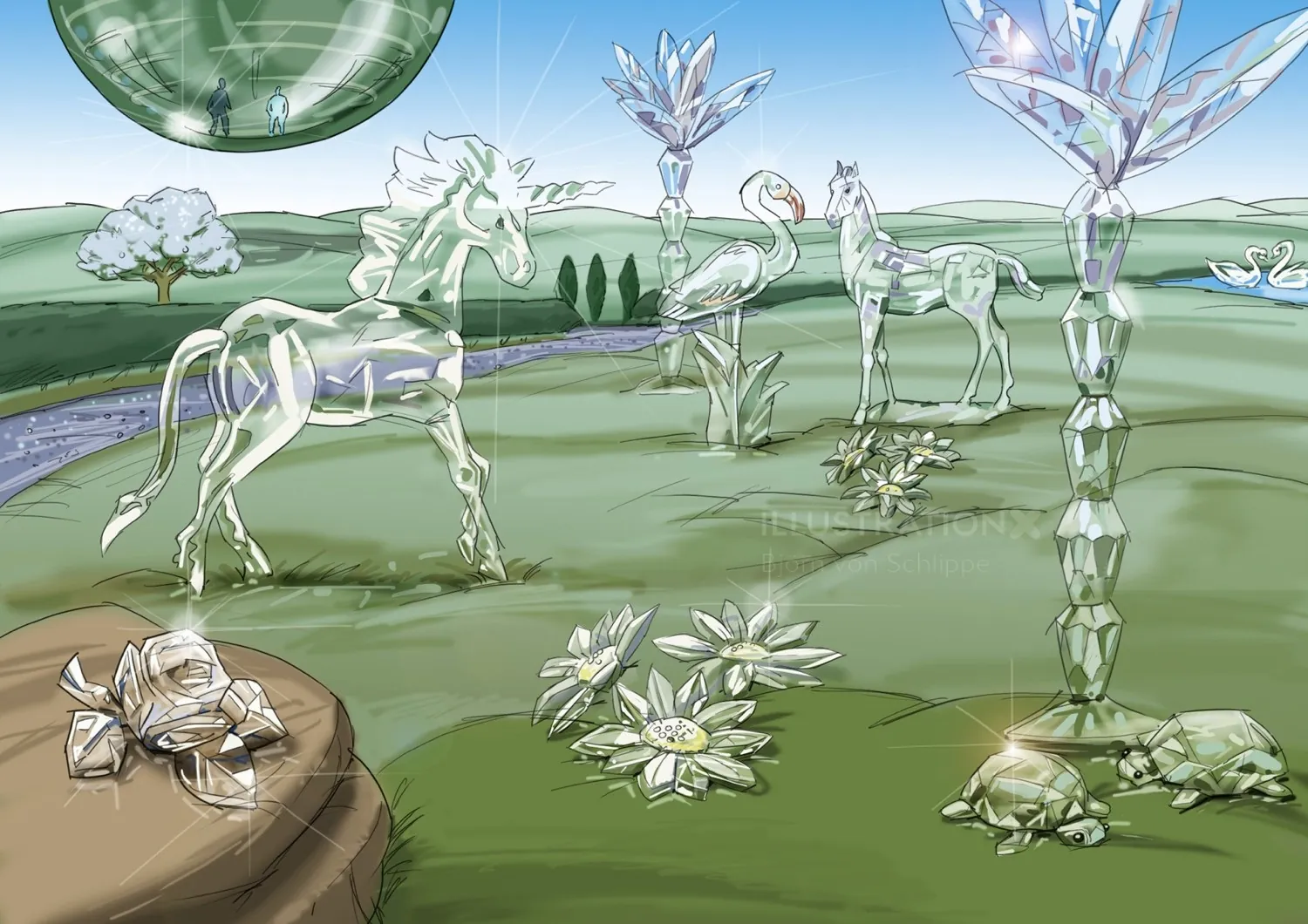 Glass animal and plant sculptures in a green outdoor setting by Björn von Schlippe