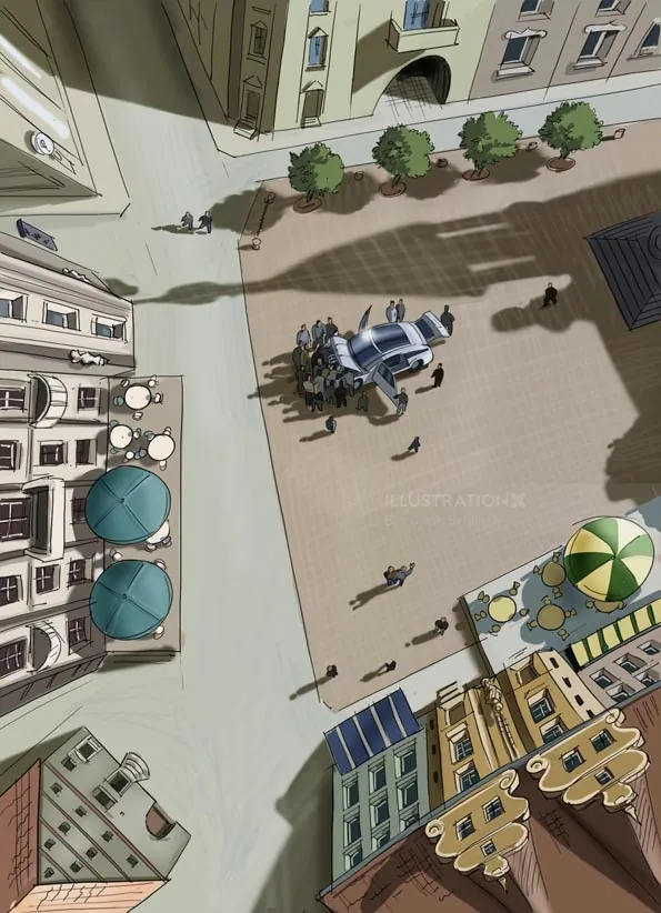 Aerial view of city square with people, vehicle, and buildings by Björn von Schlippe