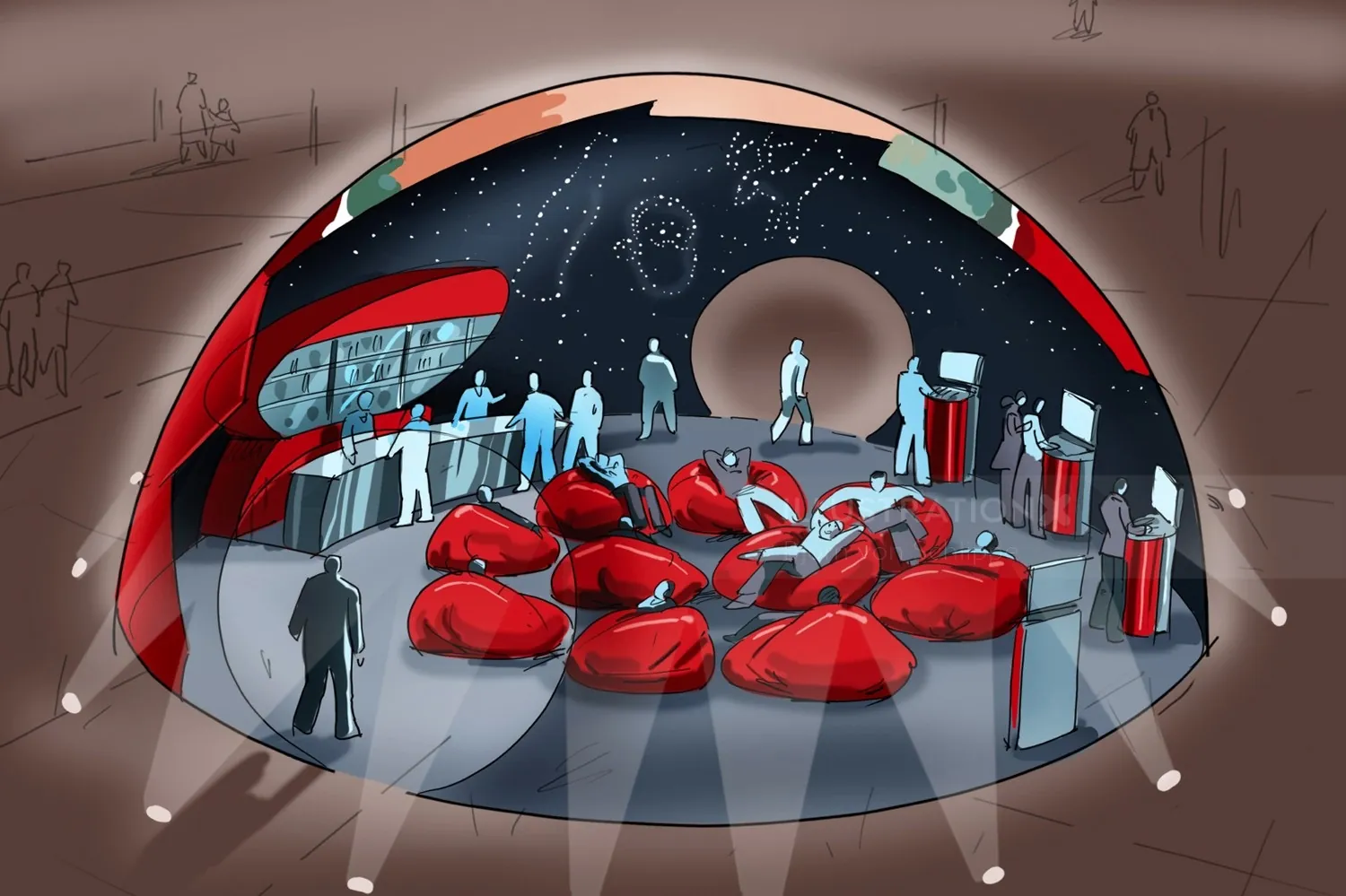 Futuristic dome interior with red seating pods and holographic displays by Björn von Schlippe