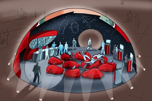 Futuristic dome interior with red seating pods and holographic displays by Björn von Schlippe