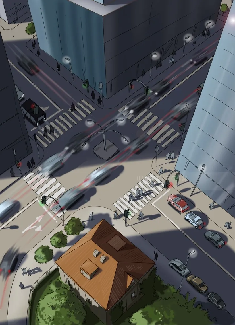 City intersection with cars and pedestrians from above by Björn von Schlippe