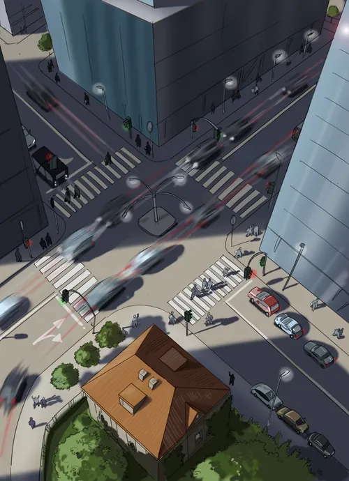 City intersection with cars and pedestrians from above by Björn von Schlippe