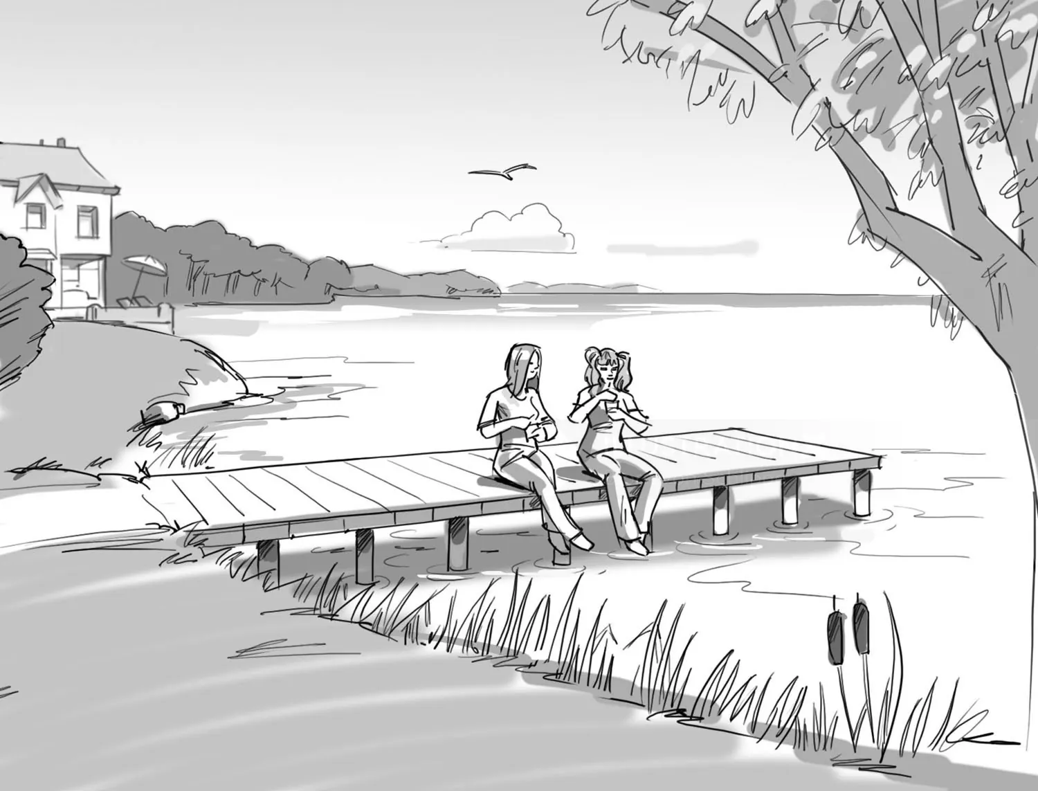 Black and white drawing of two girls on dock by lake under tree by Björn von Schlippe