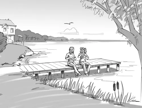 Black and white drawing of two girls on dock by lake under tree by Björn von Schlippe