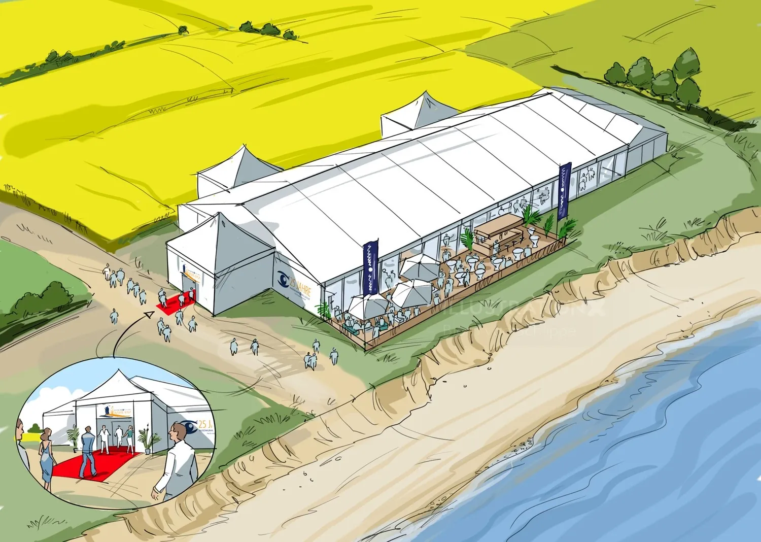 Illustration of large white event tent near beach landscape by Björn von Schlippe