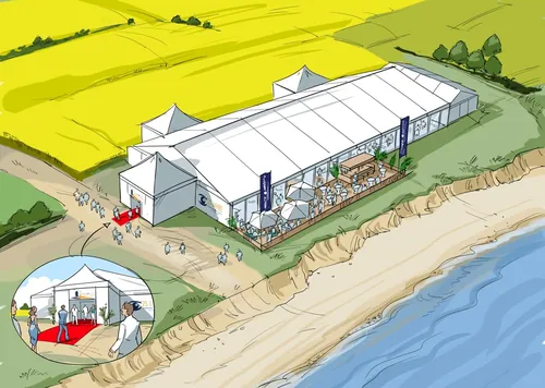 Illustration of large white event tent near beach landscape by Björn von Schlippe