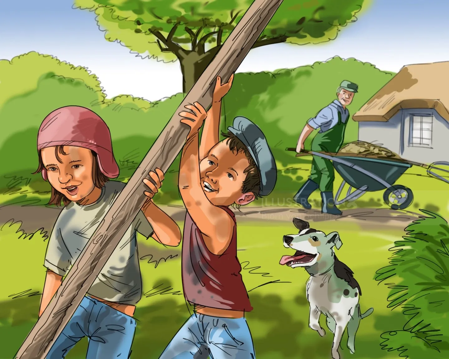 Children playing with a log outside near a house and man with wheelbarrow by Björn von Schlippe