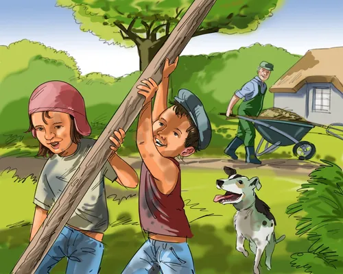 Children playing with a log outside near a house and man with wheelbarrow by Björn von Schlippe