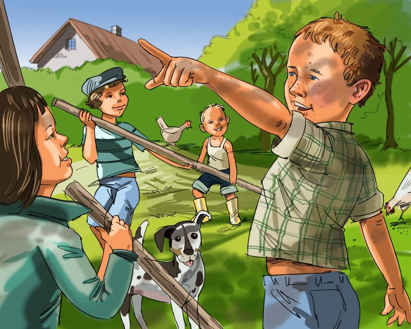 Children playing outdoors with sticks and a dog, by Björn von Schlippe