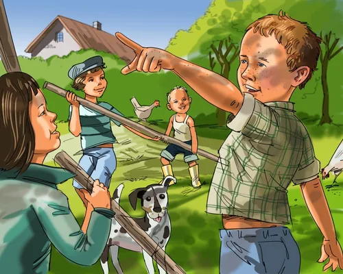 Children playing outdoors with sticks and a dog, by Björn von Schlippe