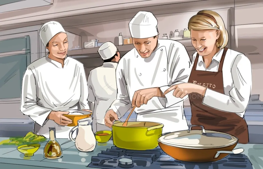 Three people cooking together in kitchen by Björn von Schlippe