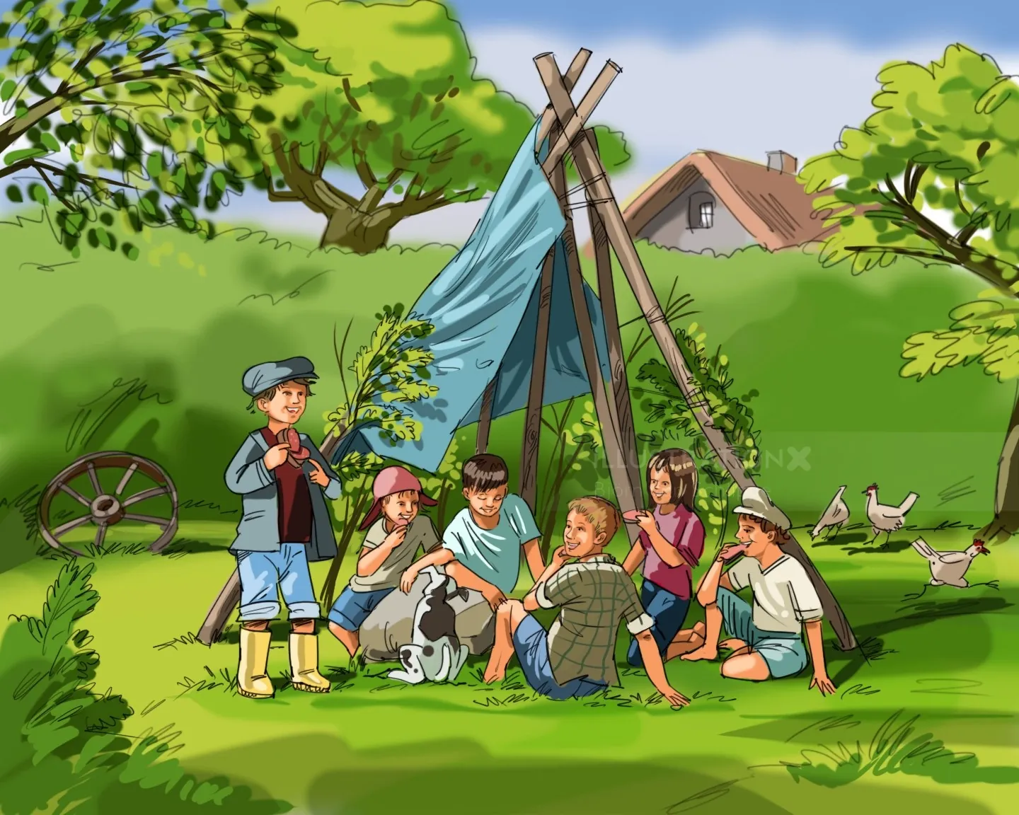 Children building a tent outdoors with dogs and greenery by Björn von Schlippe