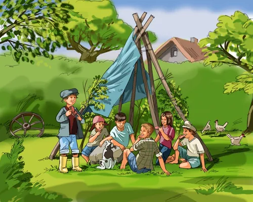 Children building a tent outdoors with dogs and greenery by Björn von Schlippe