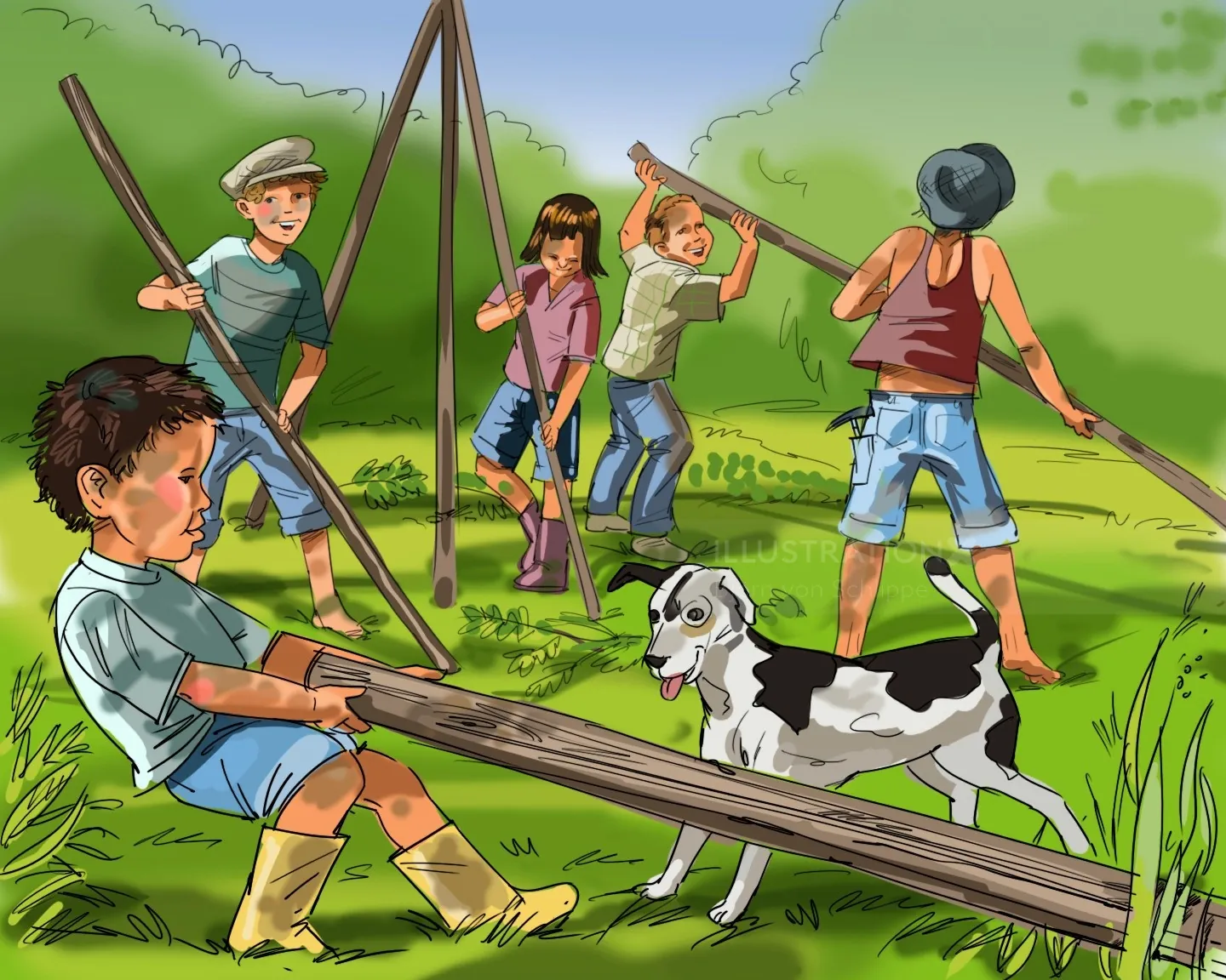 Children playing on wooden seesaw near dog by Björn von Schlippe