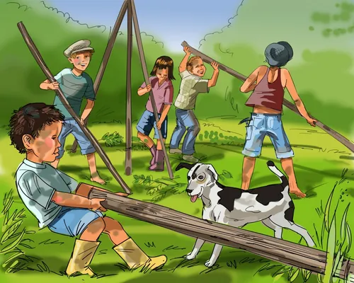 Children playing on wooden seesaw near dog by Björn von Schlippe