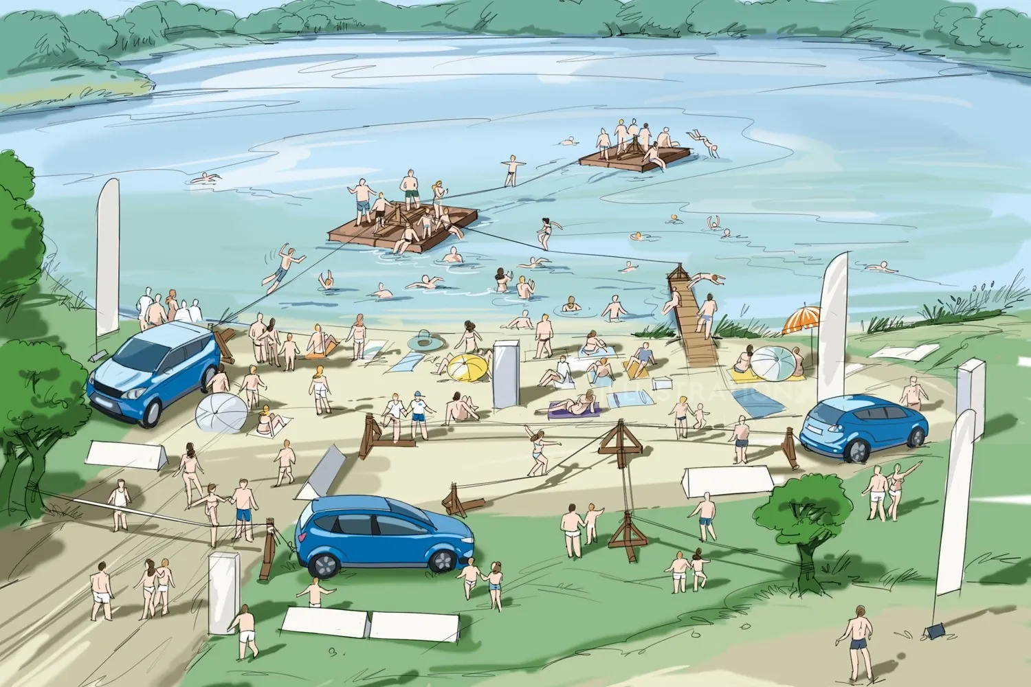 Lakeside event with people, tents, boats, and blue cars by Björn von Schlippe