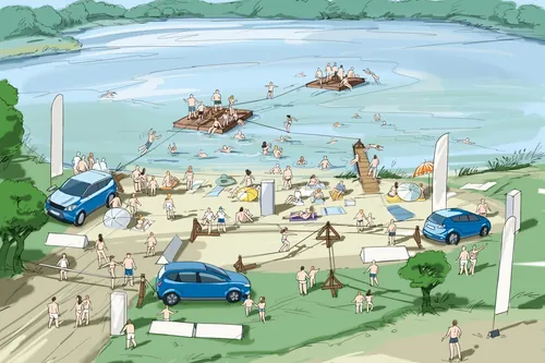 Lakeside event with people, tents, boats, and blue cars by Björn von Schlippe