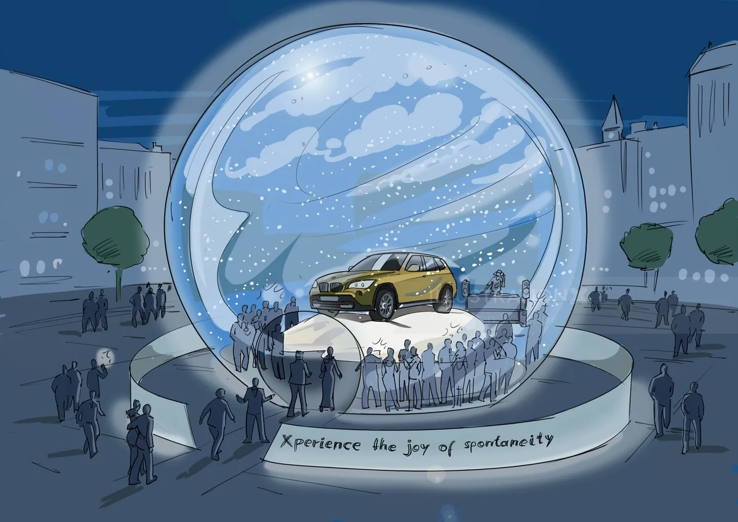 Yellow car inside giant snow globe with people around by Björn von Schlippe