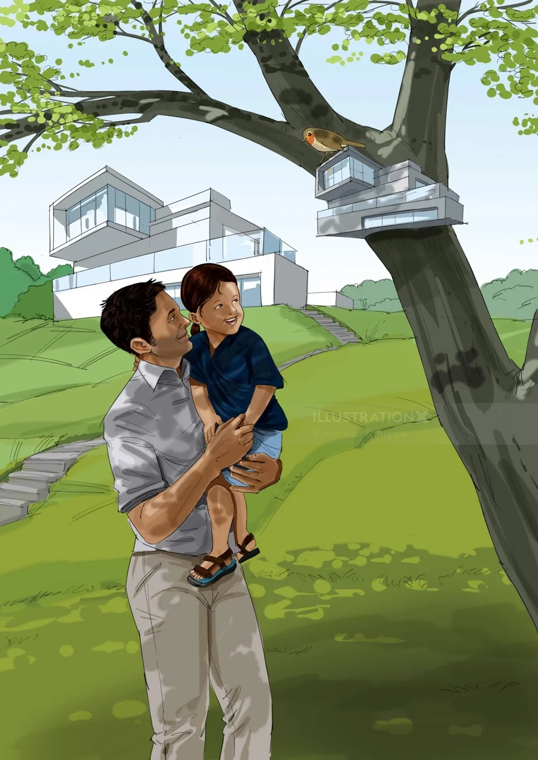 Father holding child near treehouse by Björn von Schlippe