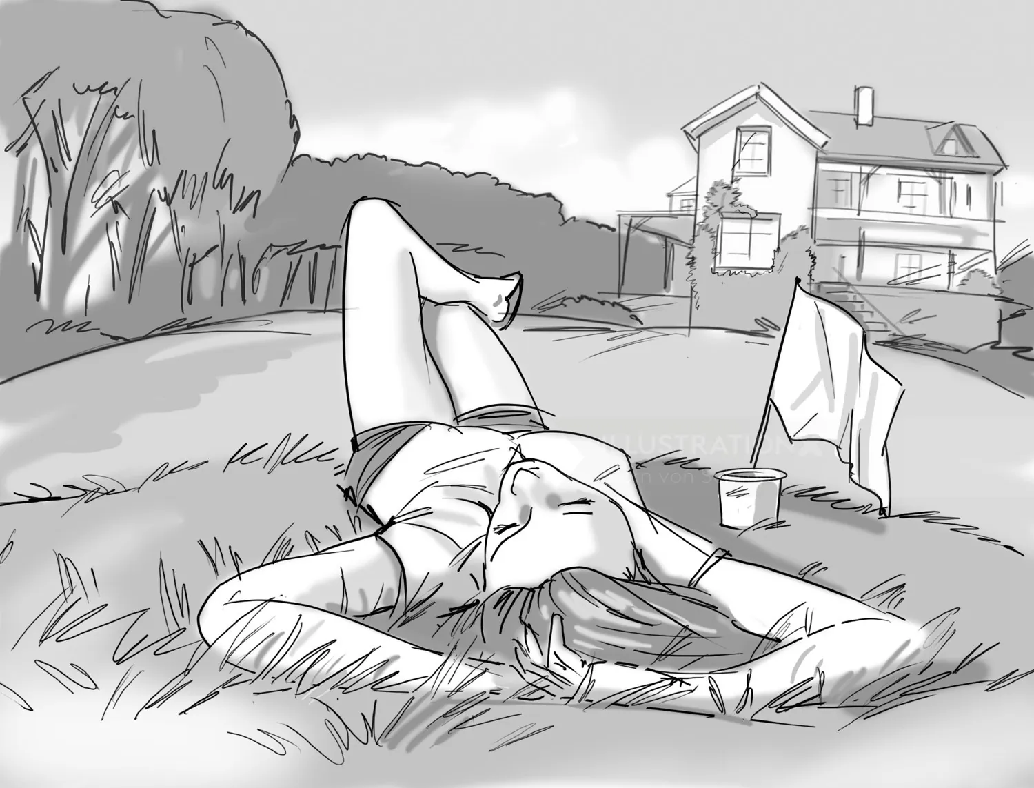 Person lying on grass near house under trees by Björn von Schlippe