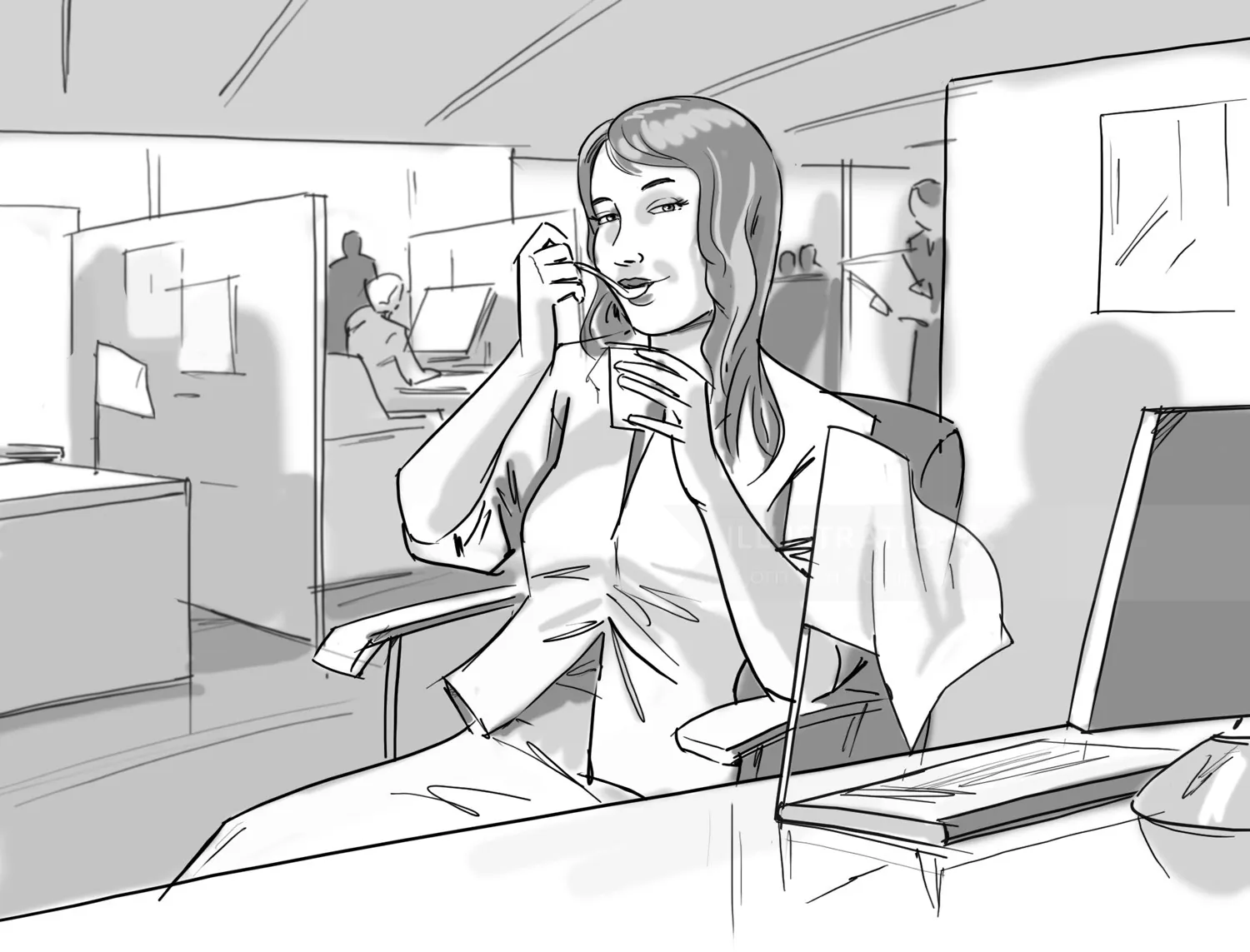 Woman drinking coffee and talking on phone in office by Björn von Schlippe