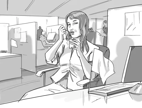 Woman drinking coffee and talking on phone in office by Björn von Schlippe