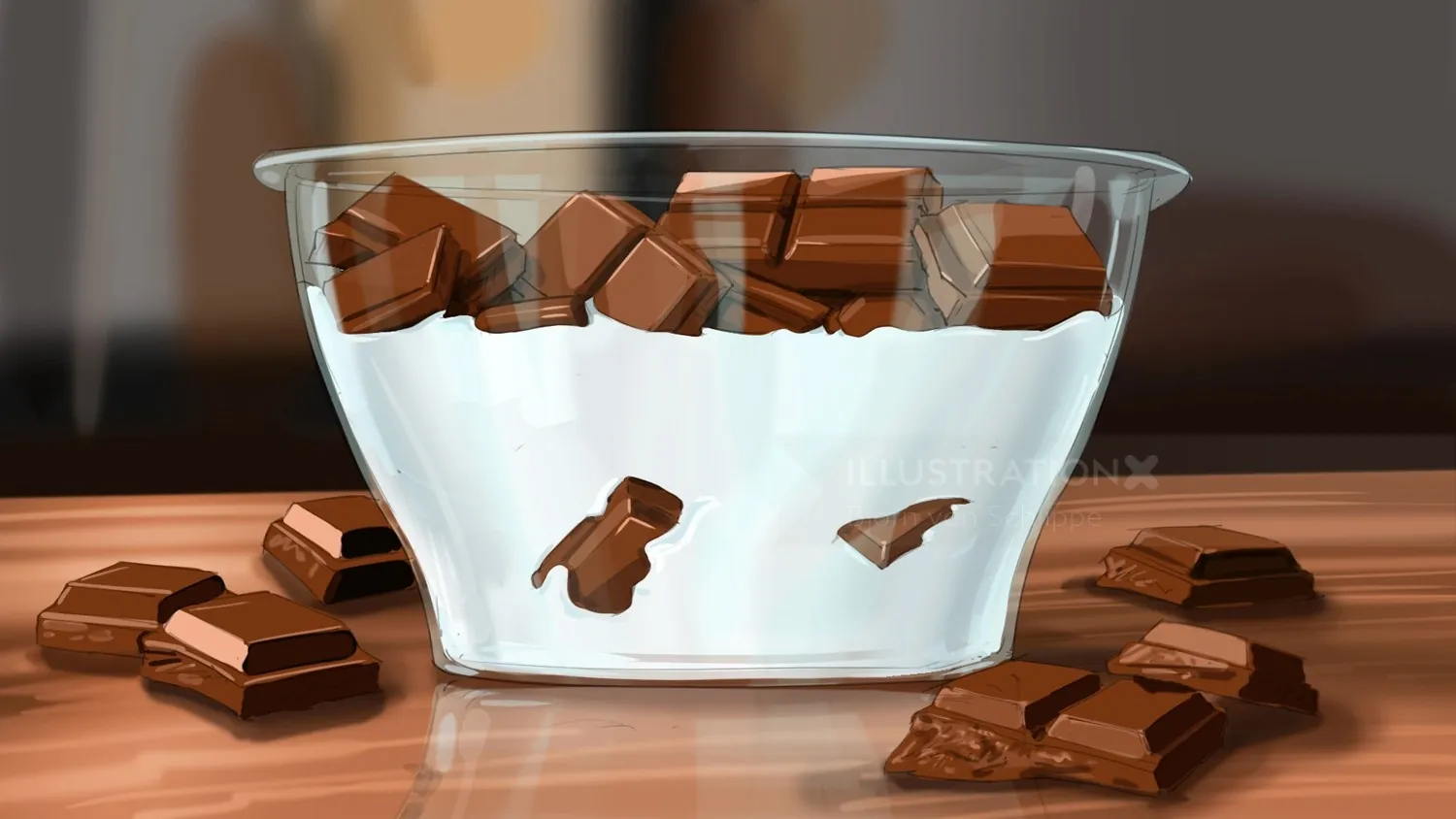 Broken pieces of milk chocolate in a clear bowl by Björn von Schlippe