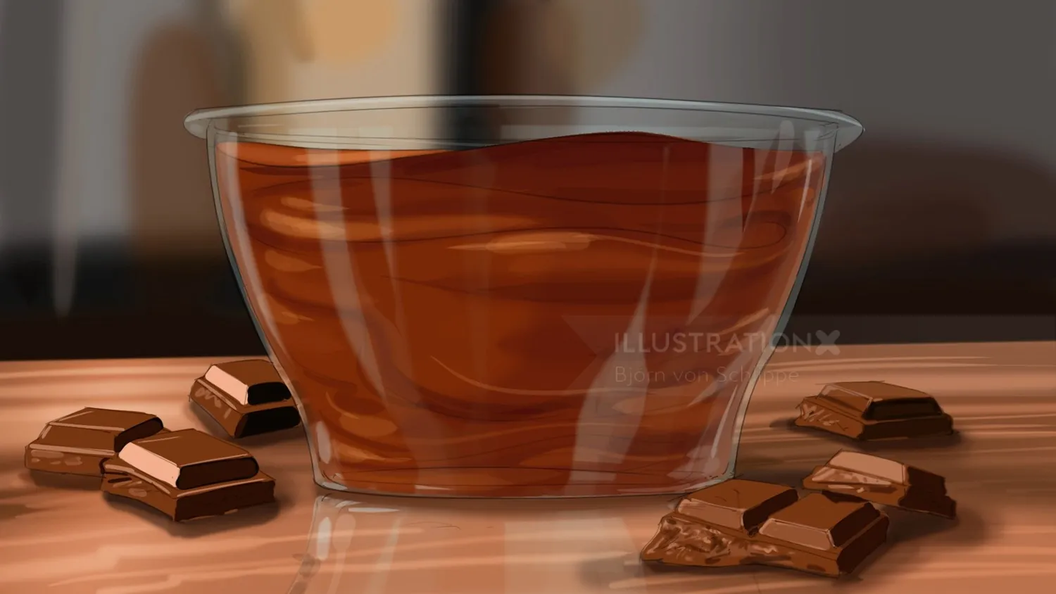 Glass bowl with melted chocolate and chocolate pieces by Björn von Schlippe