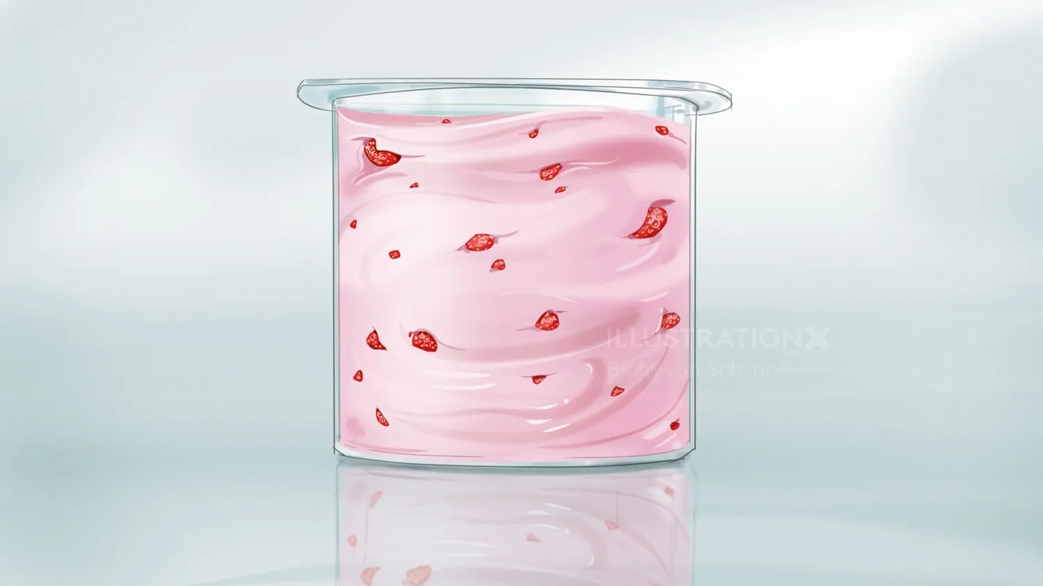 Glass beaker with pink swirling liquid and red flecks by Björn von Schlippe