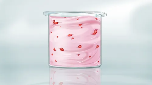 Glass beaker with pink swirling liquid and red flecks by Björn von Schlippe