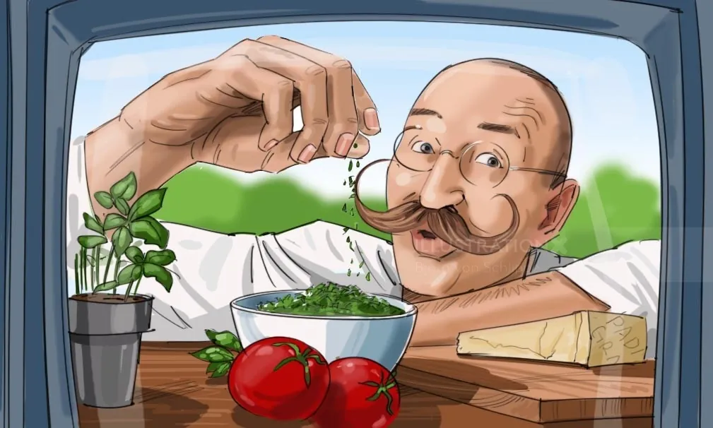 A man with curled mustache tasting herbs by tomatoes and plants by Björn von Schlippe