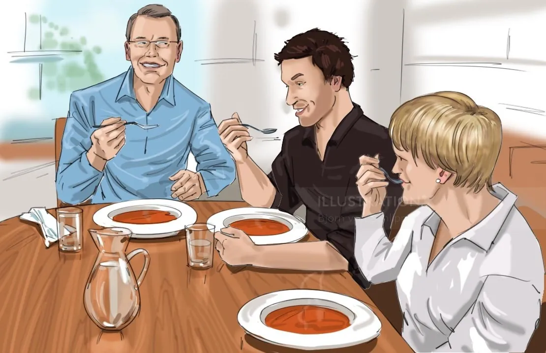 Three people eating soup at table by Björn von Schlippe