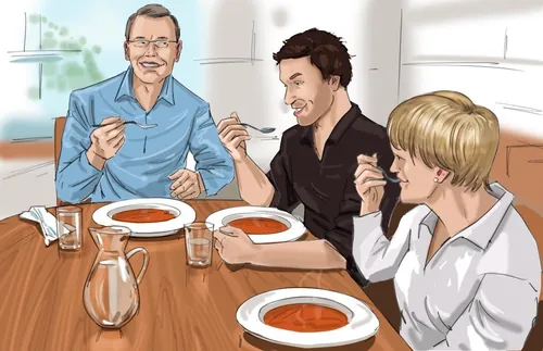 Three people eating soup at table by Björn von Schlippe