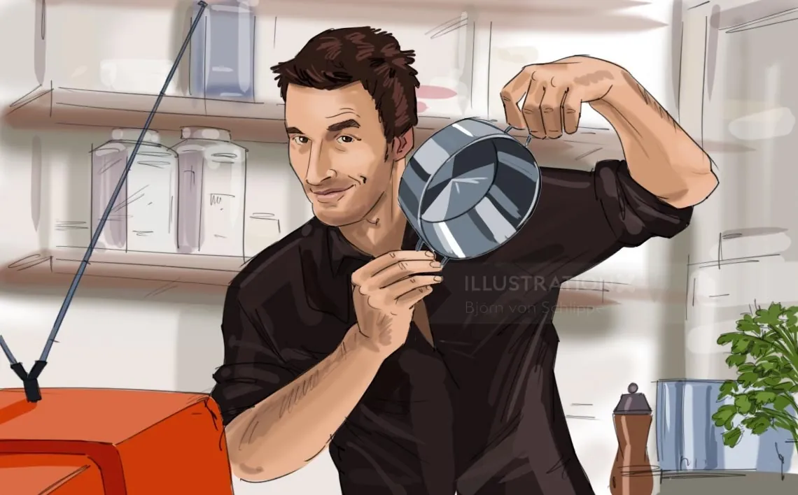 Man holding a film reel indoors by Björn von Schlippe