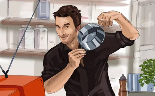 Man holding a film reel indoors by Björn von Schlippe