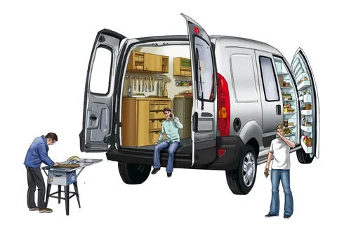 Mobile woodworking van with tools and three people working, illustration by Björn von Schlippe
