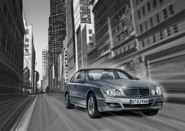 Silver Mercedes-Benz sedan driving in city street by artist Björn von Schlippe