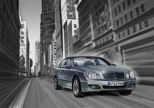 Silver Mercedes-Benz sedan driving in city street by artist Björn von Schlippe