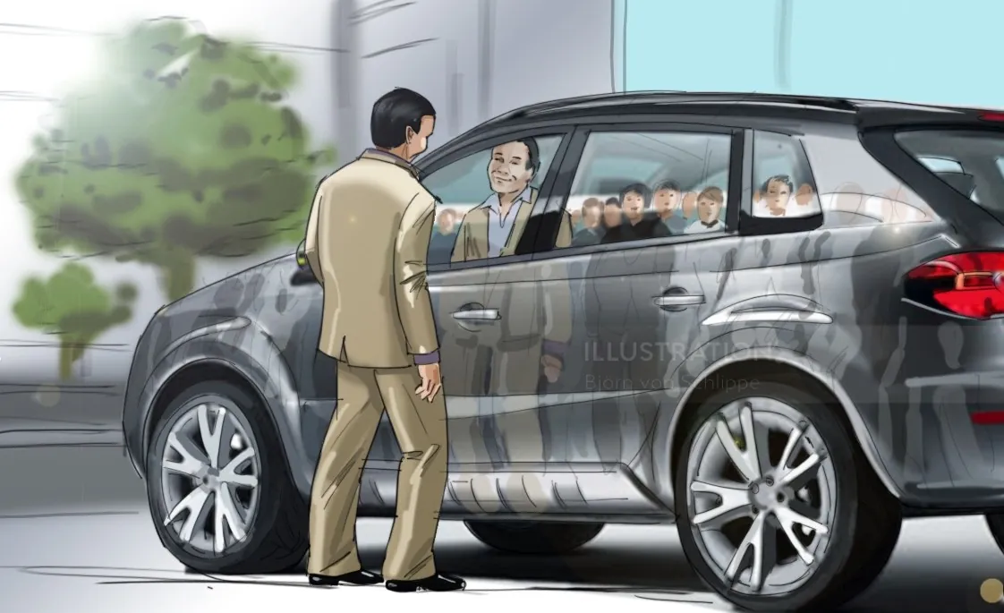 Man greeting family in car, illustration by Björn von Schlippe