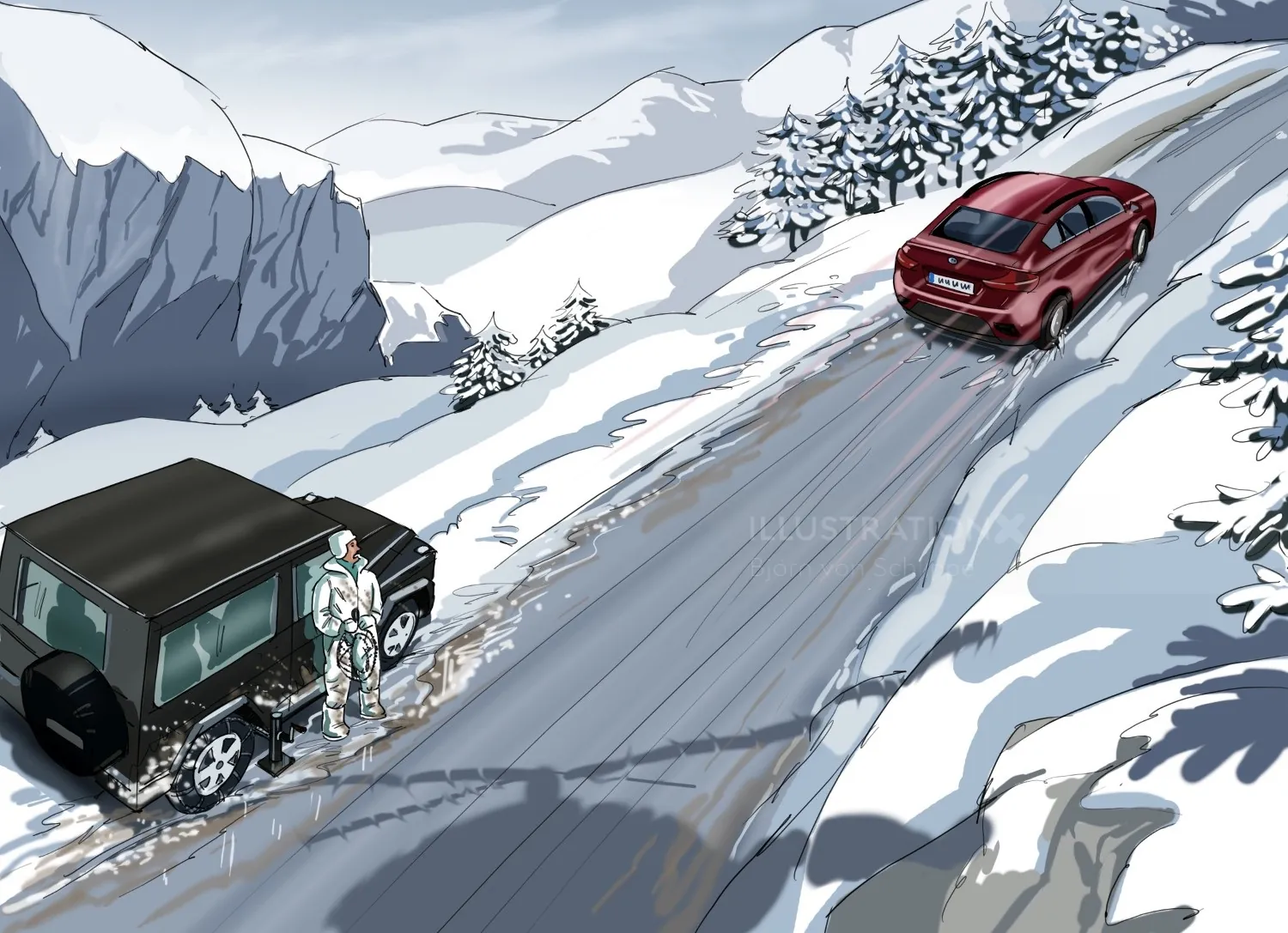 Two cars on snowy mountain road with a person outside near black vehicle by Björn von Schlippe