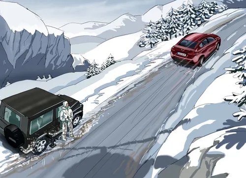 Two cars on snowy mountain road with a person outside near black vehicle by Björn von Schlippe
