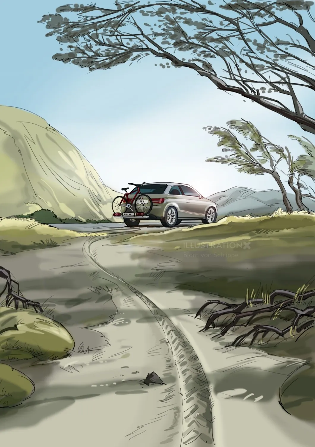 Landscape with car carrying bike under bent trees by Björn von Schlippe