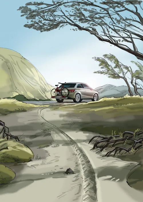 Landscape with car carrying bike under bent trees by Björn von Schlippe