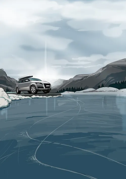 SUV parked by a frozen lake with mountains in the background by Björn von Schlippe
