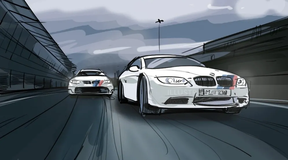 Two white sports cars driving on a highway, artwork by Björn von Schlippe