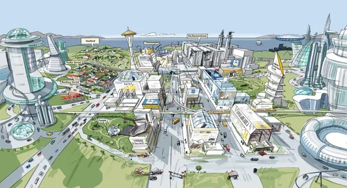 Futuristic cityscape with modern architecture and greenery by Björn von Schlippe