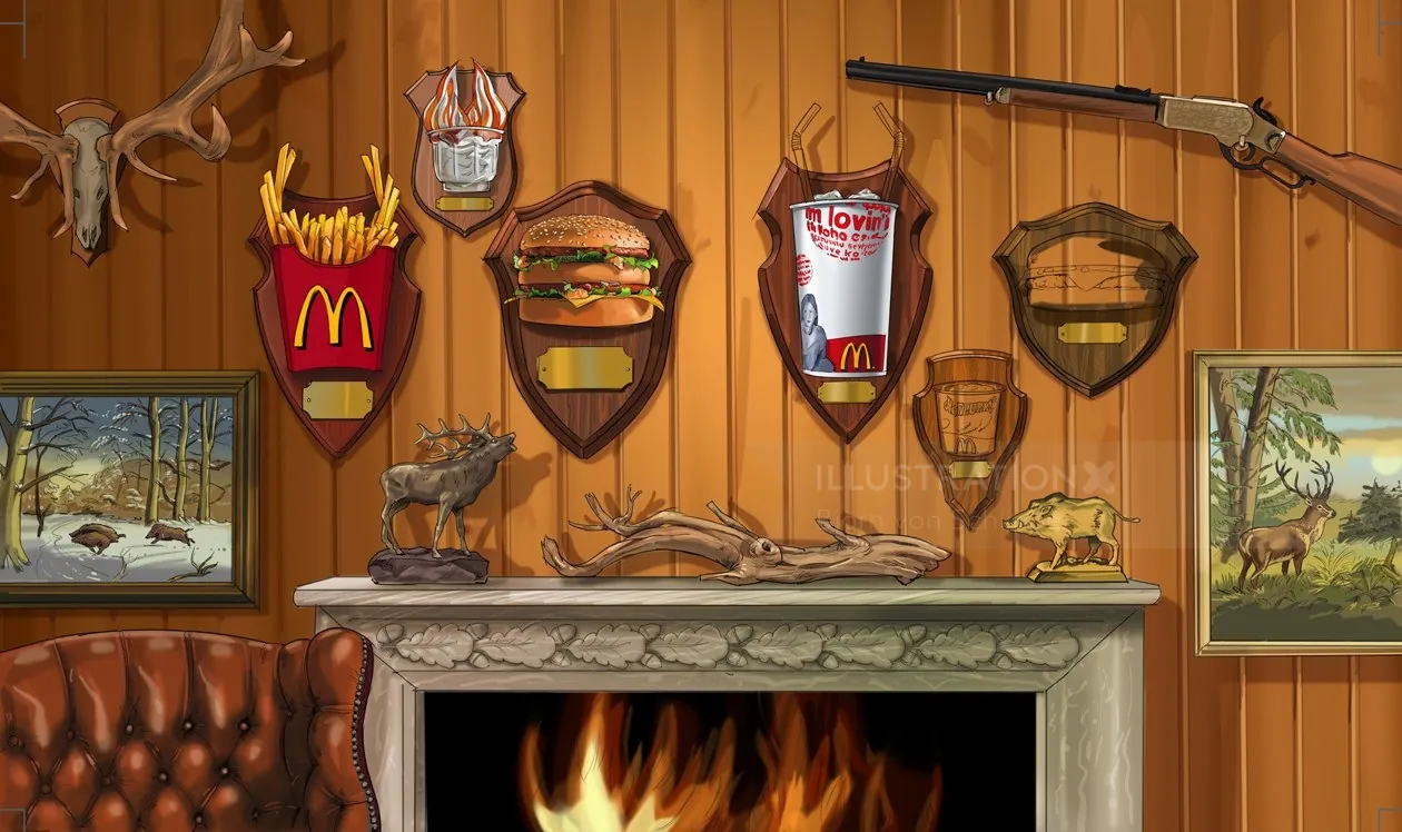 Fast food trophies mounted on wooden wall above fireplace by Björn von Schlippe