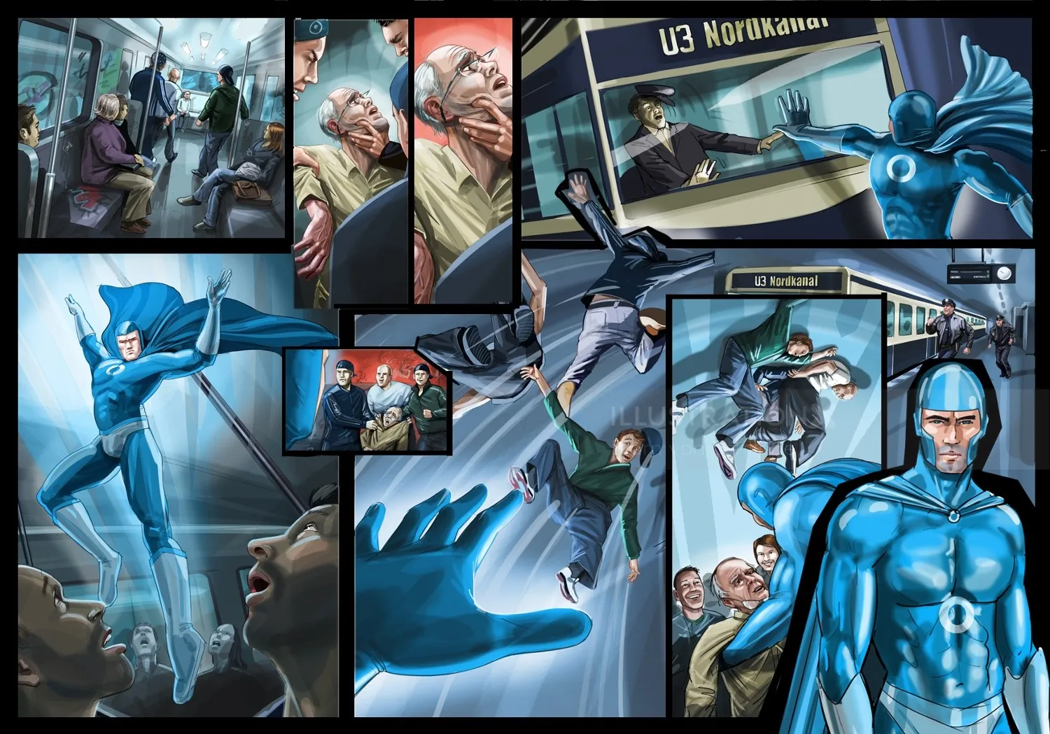 Comic panels of a blue superhero fighting crime and rescuing people by Björn von Schlippe