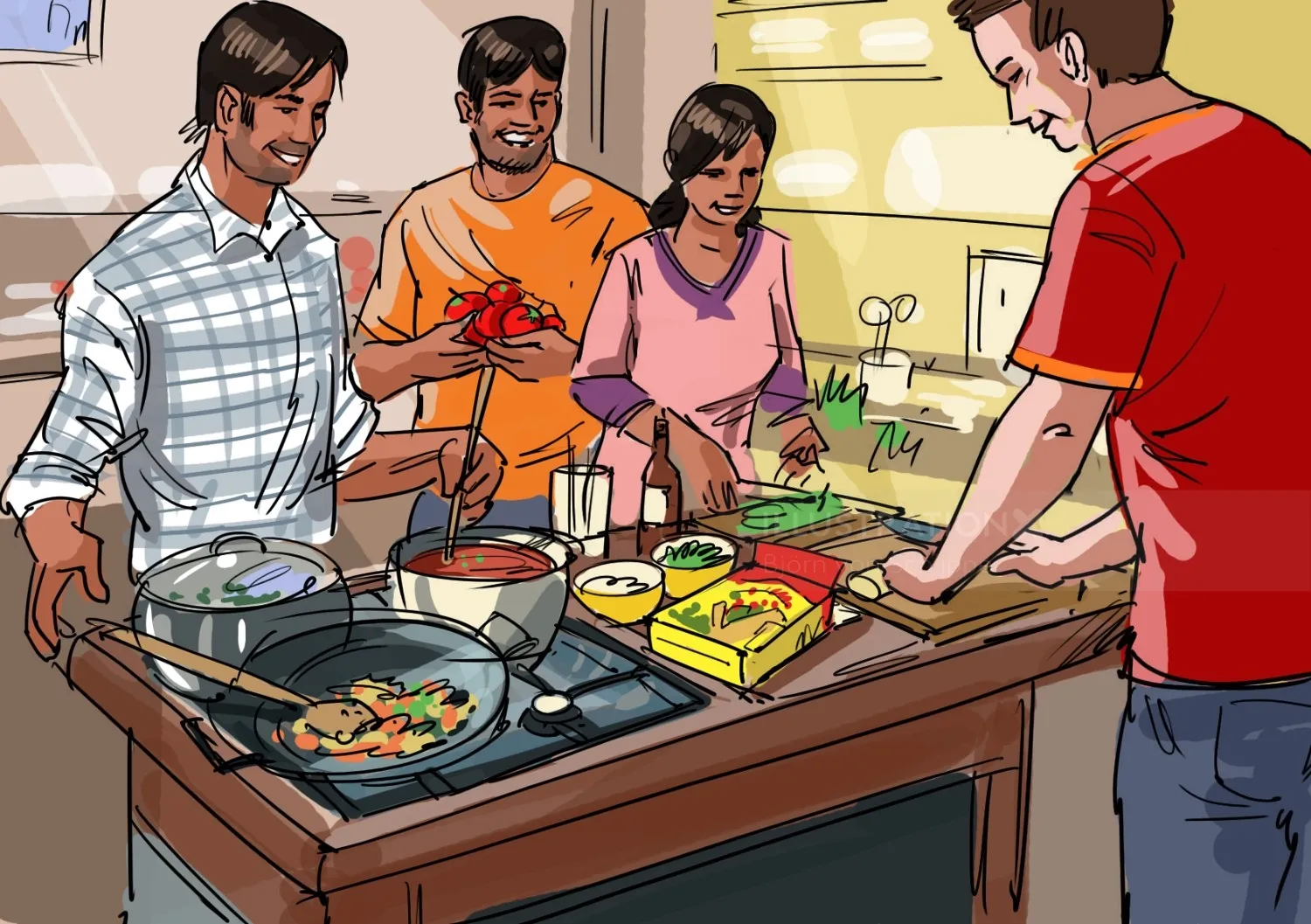 Four people cooking together in kitchen by Björn von Schlippe
