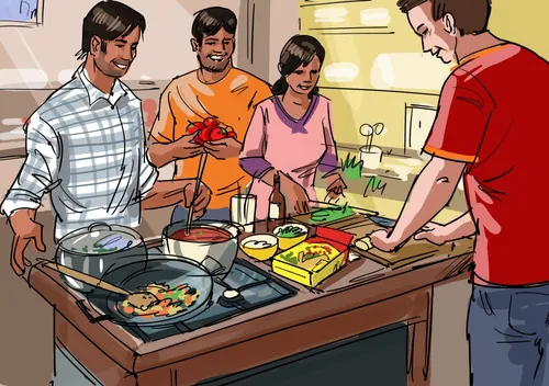 Four people cooking together in kitchen by Björn von Schlippe